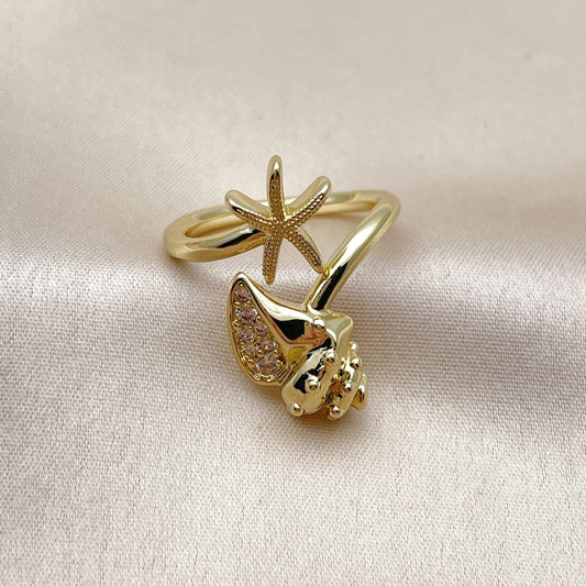 Oro Laminado Multi Stone Ring, Gold Filled Style Star and Snail Design, with White Cubic Zirconia, Polished, Golden Finish