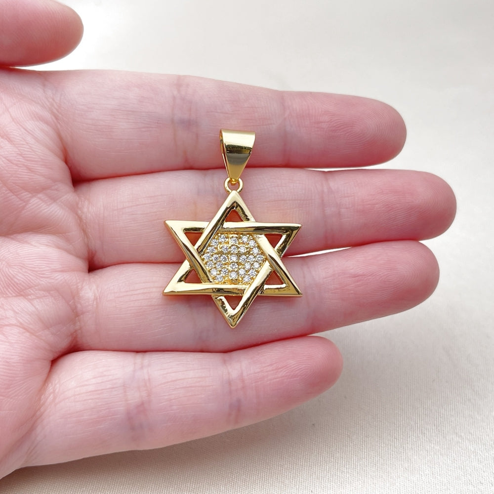 Oro Laminado Religious Pendant, Gold Filled Style Star of David Design, with White Cubic Zirconia, Polished, Golden Finish