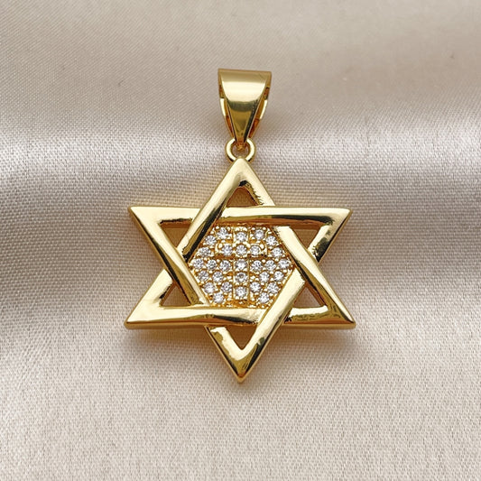 Oro Laminado Religious Pendant, Gold Filled Style Star of David Design, with White Cubic Zirconia, Polished, Golden Finish