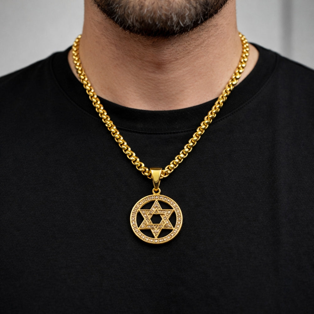 Oro Laminado Religious Pendant, Gold Filled Style Star of David Design, with White Cubic Zirconia, Polished, Golden Finish