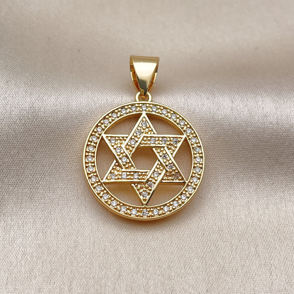 Oro Laminado Religious Pendant, Gold Filled Style Star of David Design, with White Cubic Zirconia, Polished, Golden Finish