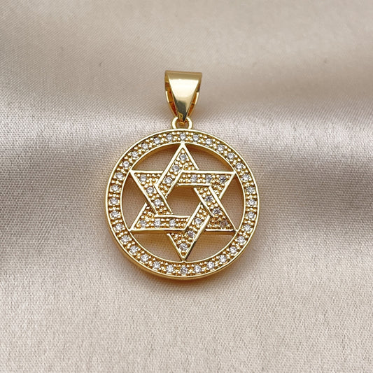 Oro Laminado Religious Pendant, Gold Filled Style Star of David Design, with White Cubic Zirconia, Polished, Golden Finish