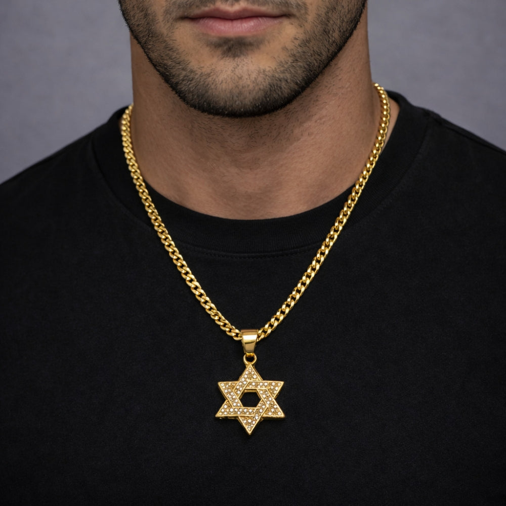 Oro Laminado Religious Pendant, Gold Filled Style Star of David Design, with White Cubic Zirconia, Polished, Golden Finish