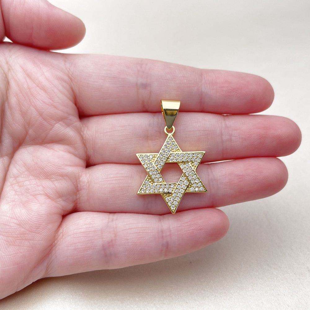Oro Laminado Religious Pendant, Gold Filled Style Star of David Design, with White Cubic Zirconia, Polished, Golden Finish