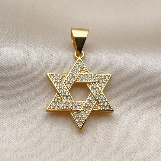 Oro Laminado Religious Pendant, Gold Filled Style Star of David Design, with White Cubic Zirconia, Polished, Golden Finish