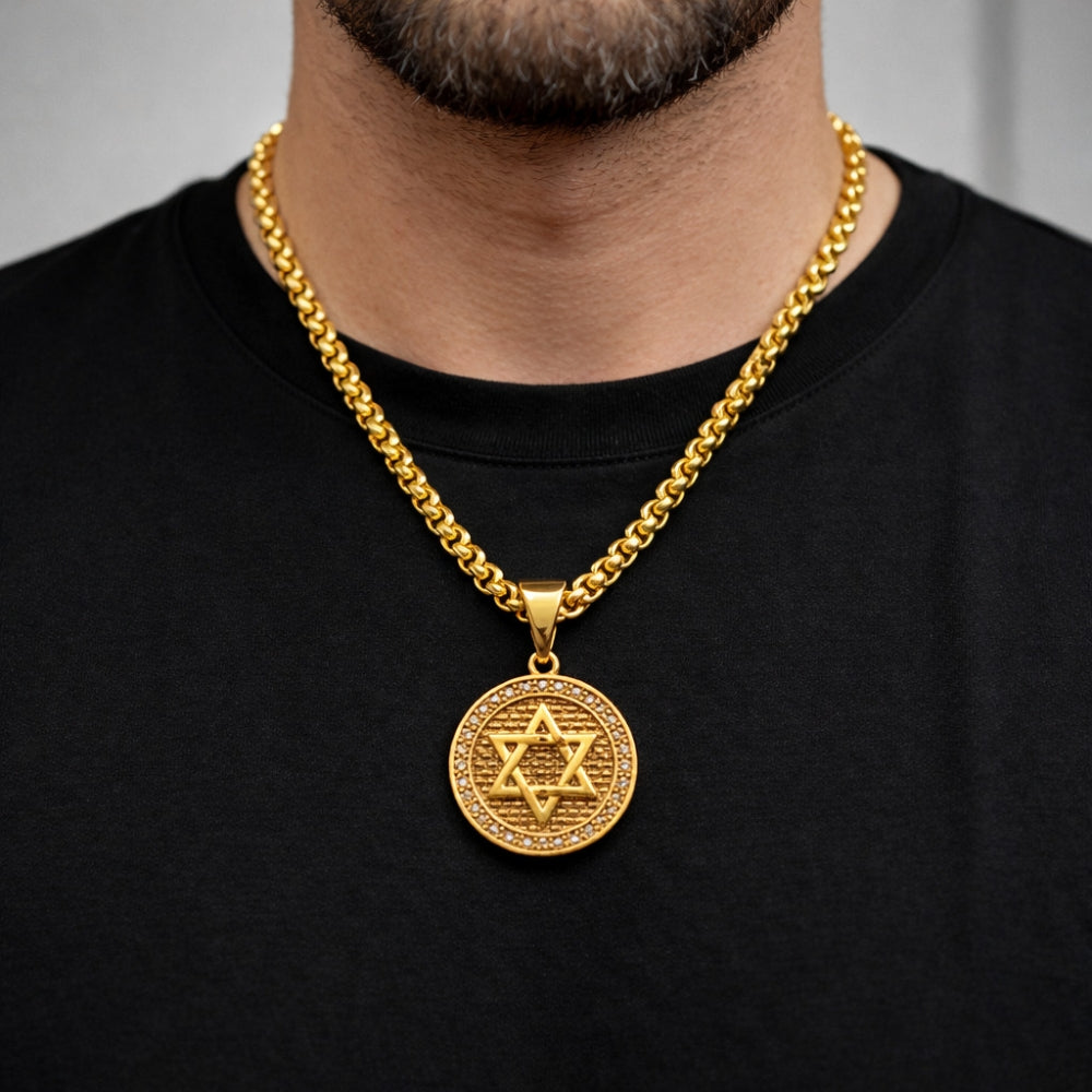 Oro Laminado Religious Pendant, Gold Filled Style Star of David Design, with White Cubic Zirconia, Polished, Golden Finish