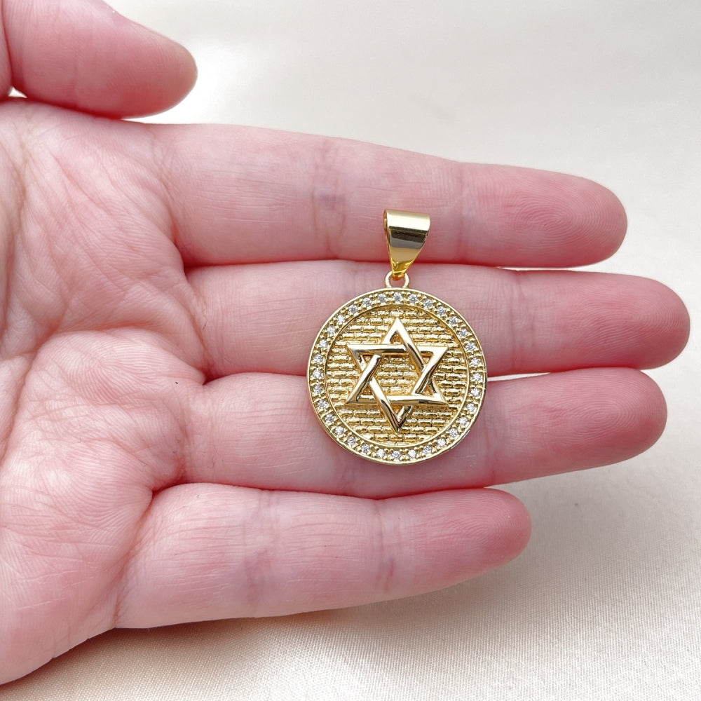 Oro Laminado Religious Pendant, Gold Filled Style Star of David Design, with White Cubic Zirconia, Polished, Golden Finish