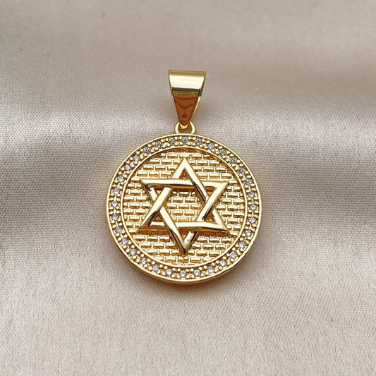 Oro Laminado Religious Pendant, Gold Filled Style Star of David Design, with White Cubic Zirconia, Polished, Golden Finish