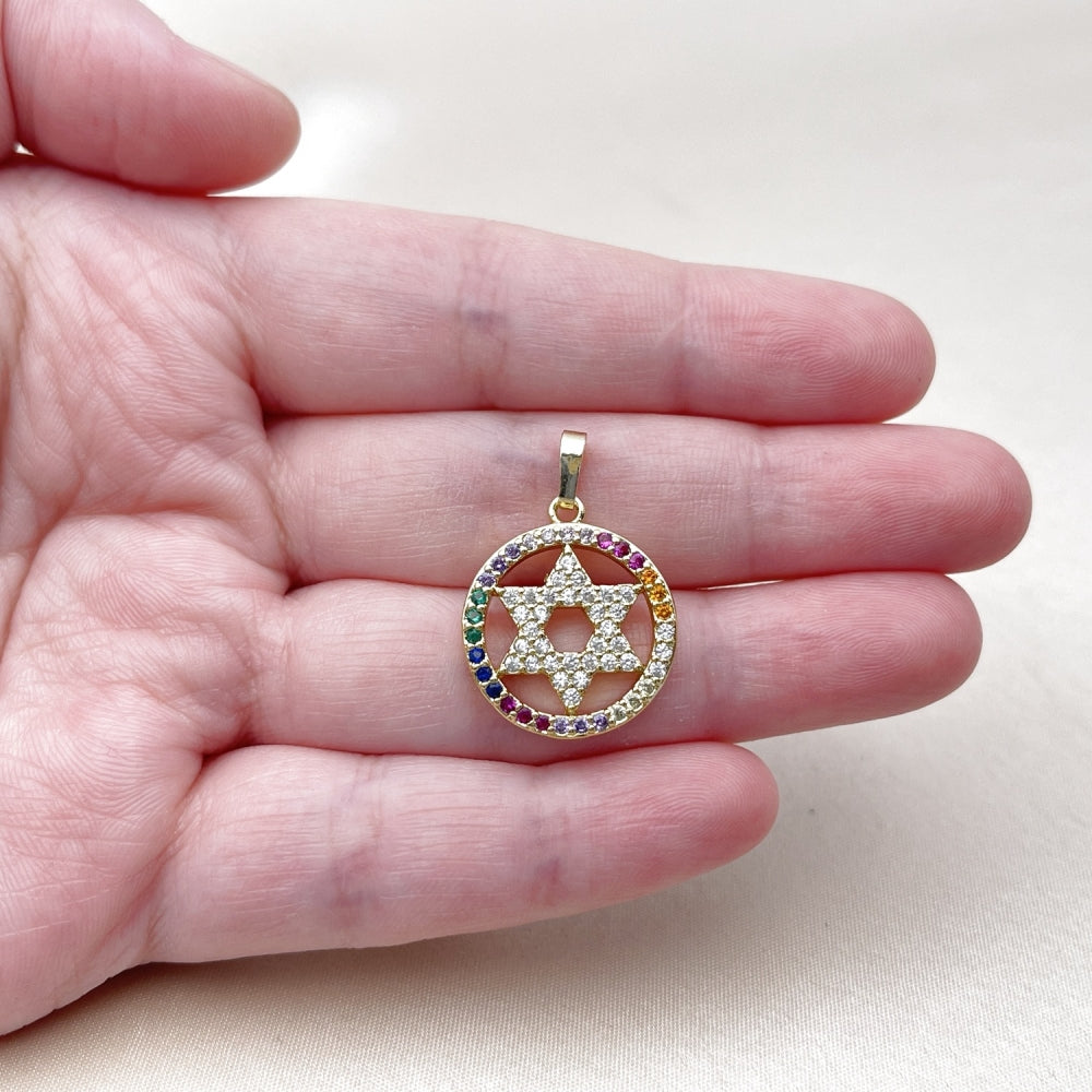 Oro Laminado Religious Pendant, Gold Filled Style Star of David Design, with Multicolor and White Cubic Zirconia, Polished, Golden Finish
