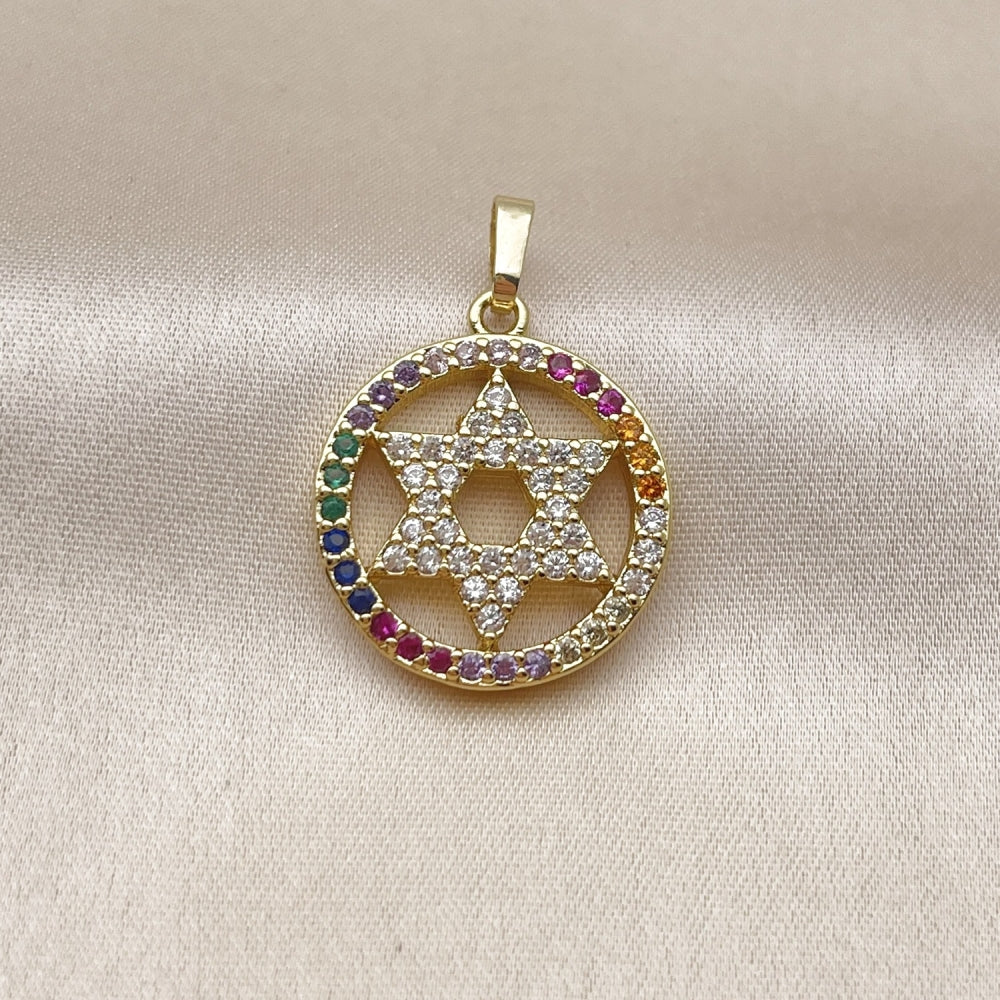 Oro Laminado Religious Pendant, Gold Filled Style Star of David Design, with Multicolor and White Cubic Zirconia, Polished, Golden Finish