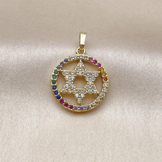 Oro Laminado Religious Pendant, Gold Filled Style Star of David Design, with Multicolor and White Cubic Zirconia, Polished, Golden Finish