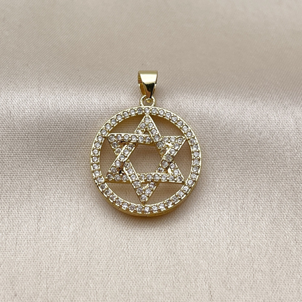 Oro Laminado Religious Pendant, Gold Filled Style Star of David Design, with White Cubic Zirconia, Polished, Golden Finish