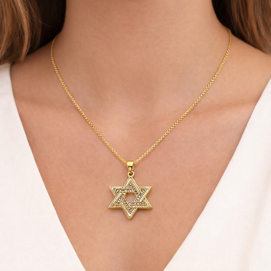 Oro Laminado Religious Pendant, Gold Filled Style Star of David Design, with White Micro Pave, Polished, Golden Finish