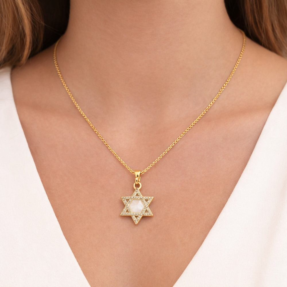 Oro Laminado Religious Pendant, Gold Filled Style Star of David Design, with White Micro Pave and Ivory Mother of Pearl, Polished, Golden Finish