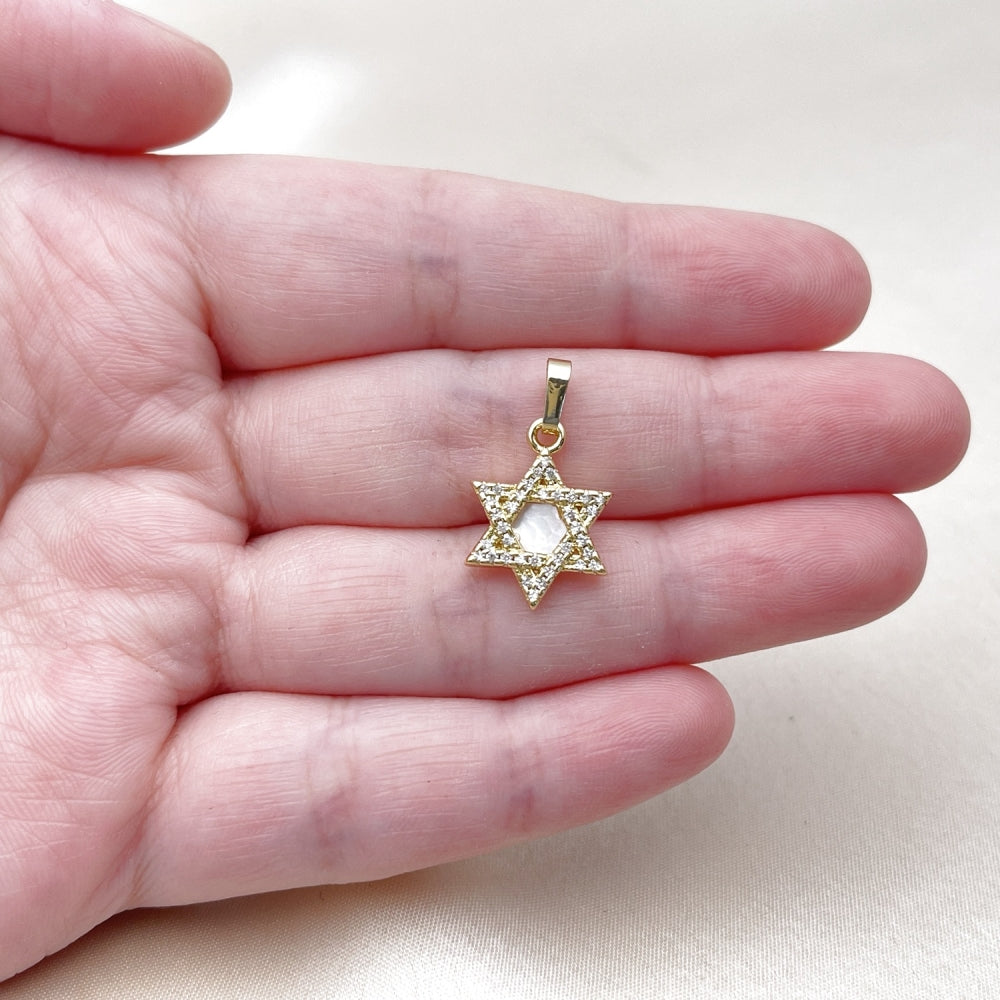 Oro Laminado Religious Pendant, Gold Filled Style Star of David Design, with White Micro Pave and Ivory Mother of Pearl, Polished, Golden Finish