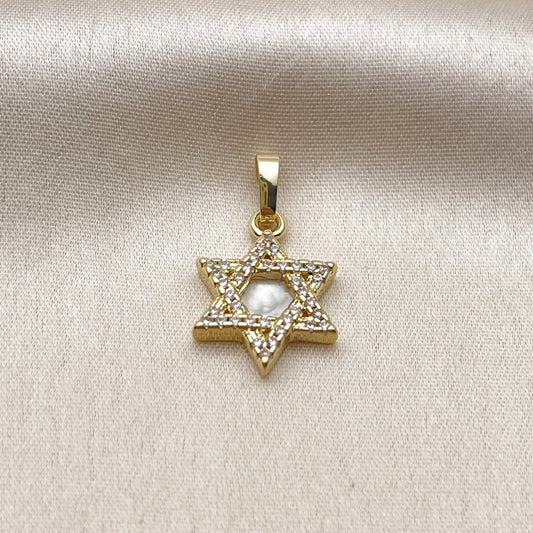 Oro Laminado Religious Pendant, Gold Filled Style Star of David Design, with White Micro Pave and Ivory Mother of Pearl, Polished, Golden Finish