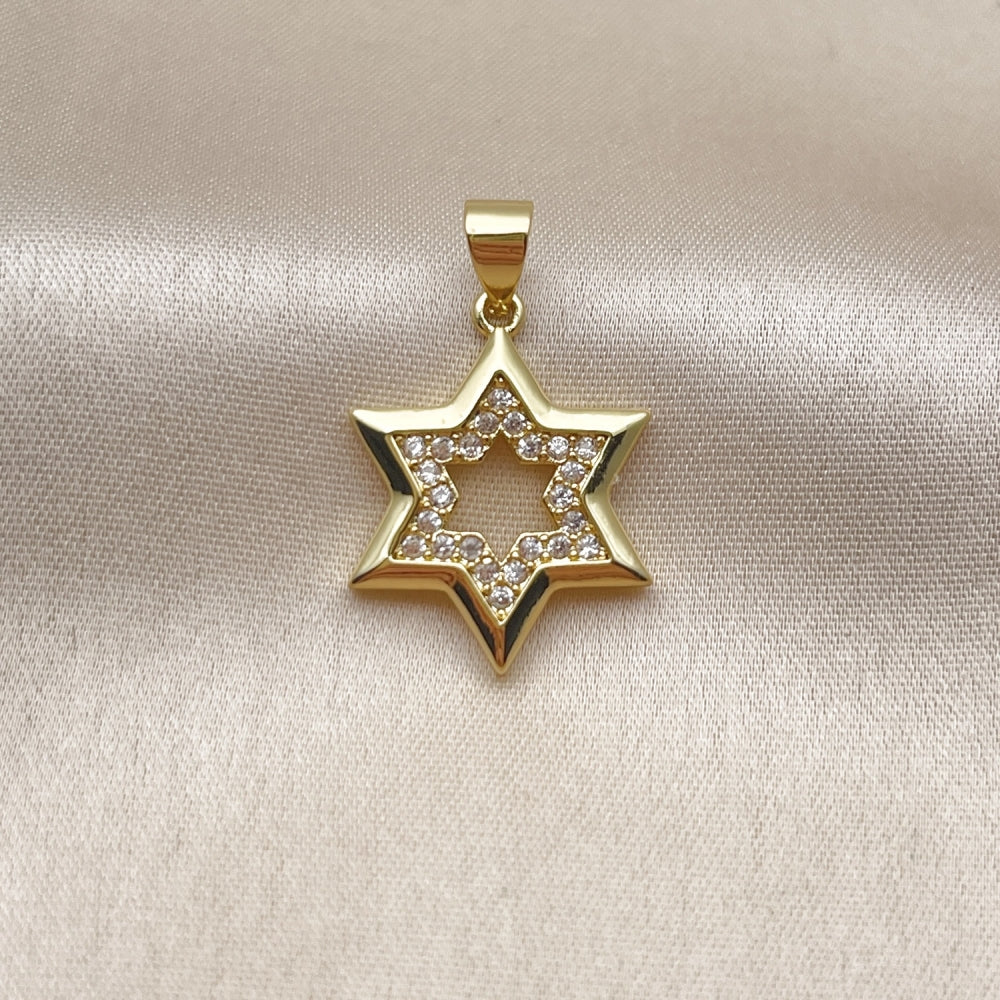 Oro Laminado Religious Pendant, Gold Filled Style Star of David Design, with White Cubic Zirconia, Polished, Golden Finish