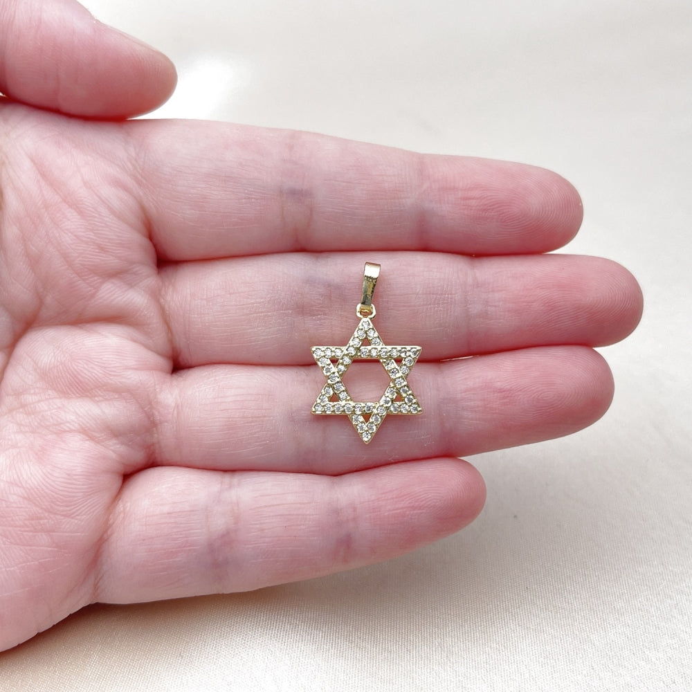 Oro Laminado Religious Pendant, Gold Filled Style Star of David Design, with White Cubic Zirconia, Polished, Golden Finish