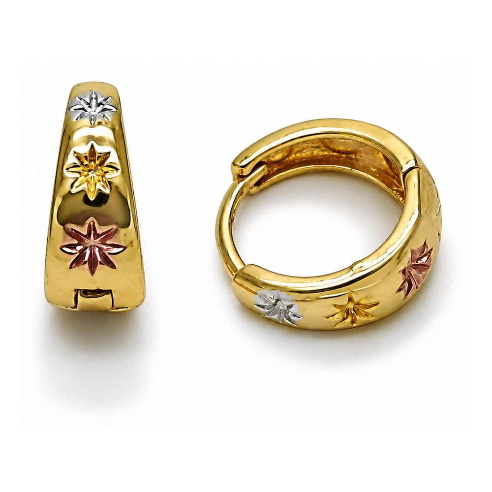 Oro Laminado Huggie Hoop, Gold Filled Style Star Design, Diamond Cutting Finish, Tricolor