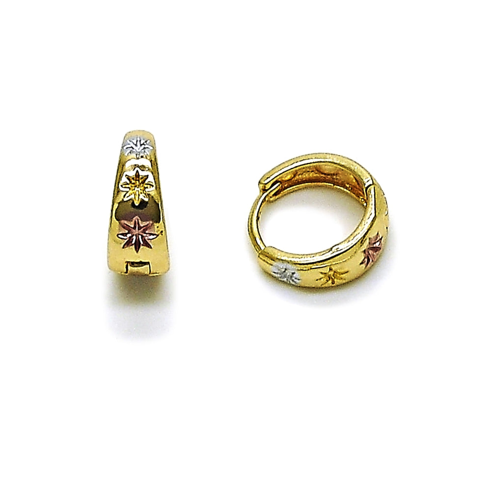 Oro Laminado Huggie Hoop, Gold Filled Style Star Design, Diamond Cutting Finish, Tricolor
