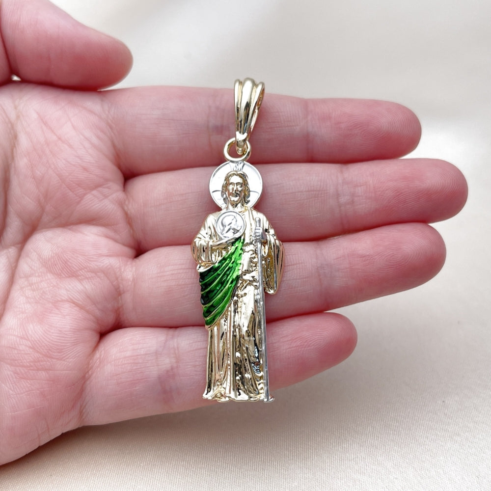 Oro Laminado Religious Pendant, Gold Filled Style San Judas Design, Polished, Tricolor