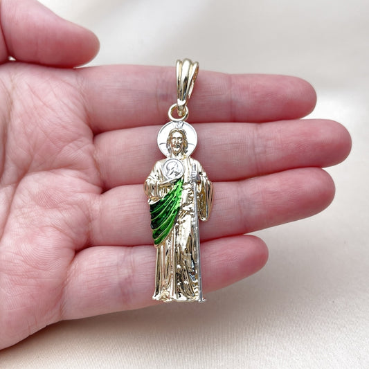 Oro Laminado Religious Pendant, Gold Filled Style San Judas Design, Polished, Tricolor