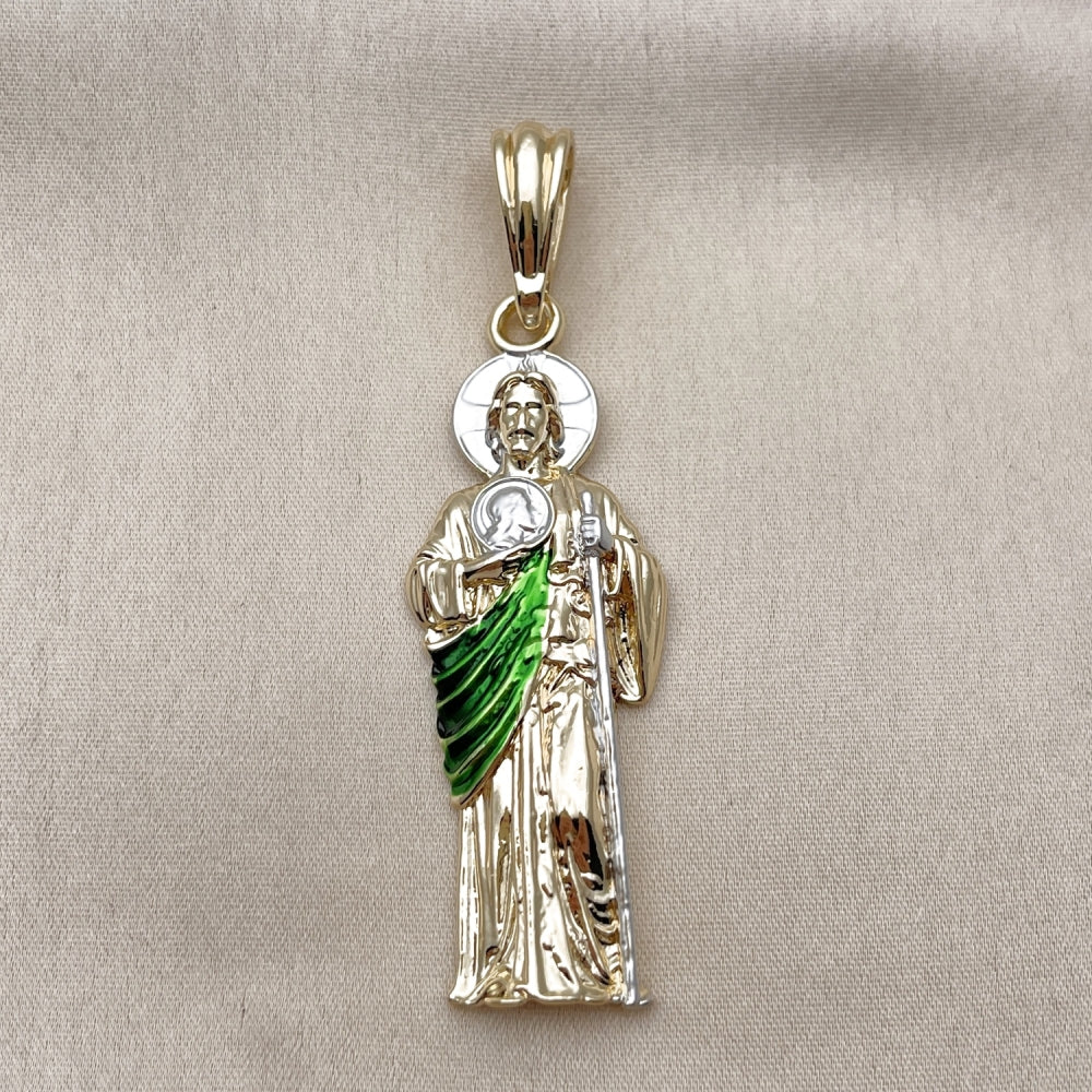 Oro Laminado Religious Pendant, Gold Filled Style San Judas Design, Polished, Tricolor