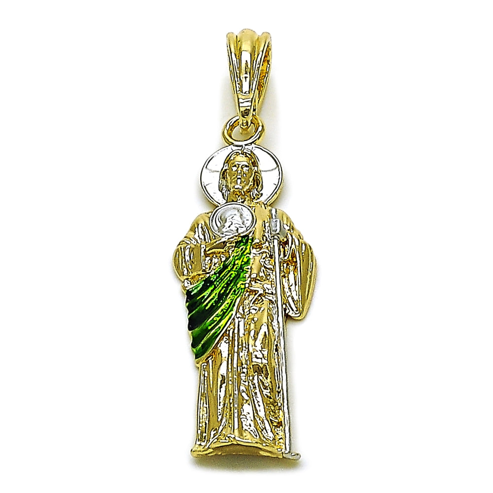 Oro Laminado Religious Pendant, Gold Filled Style San Judas Design, Polished, Tricolor