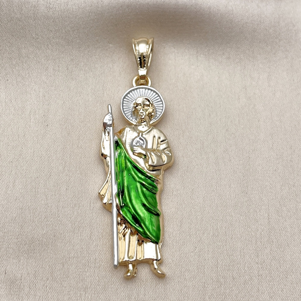 Oro Laminado Religious Pendant, Gold Filled Style San Judas Design, Polished, Tricolor