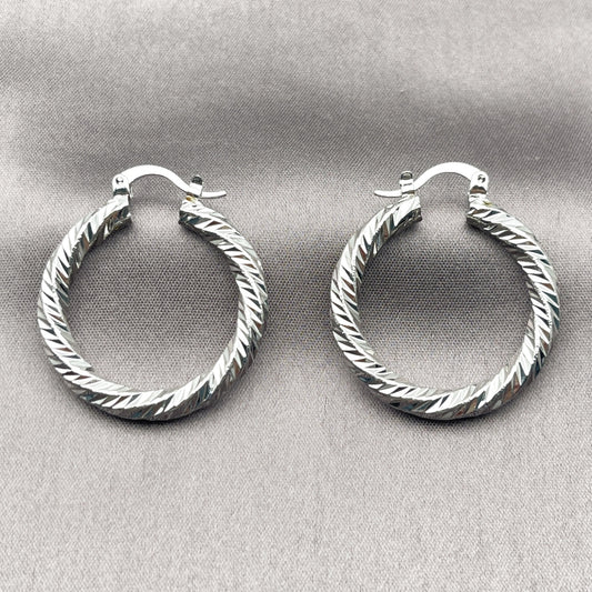 Rhodium Gold Filled Medium Hoop, Twist Design, Diamond Cutting Finish, Rhodium Finish