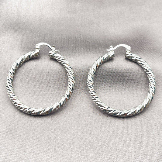 Rhodium Gold Filled Medium Hoop, Twist Design, Diamond Cutting Finish, Rhodium Finish