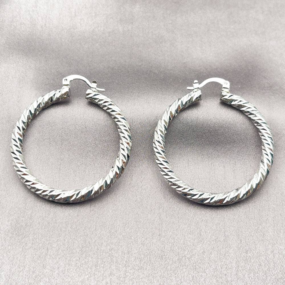 Rhodium Gold Filled Medium Hoop, Twist Design, Diamond Cutting Finish, Rhodium Finish