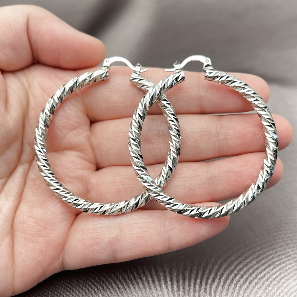 Rhodium Gold Filled Large Hoop, Twist Design, Diamond Cutting Finish, Rhodium Finish