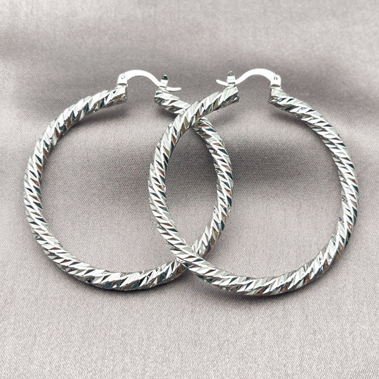 Rhodium Gold Filled Large Hoop, Twist Design, Diamond Cutting Finish, Rhodium Finish