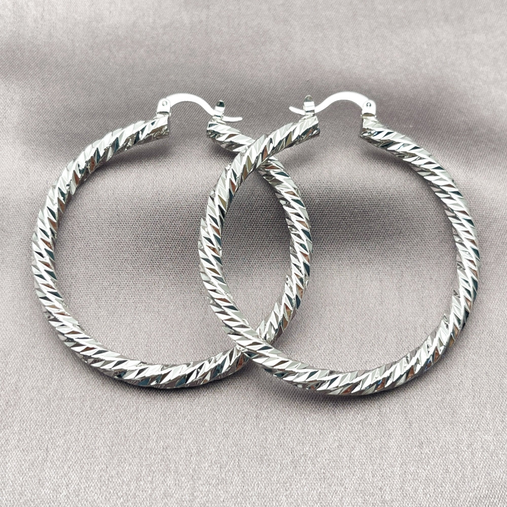 Rhodium Gold Filled Large Hoop, Twist Design, Diamond Cutting Finish, Rhodium Finish
