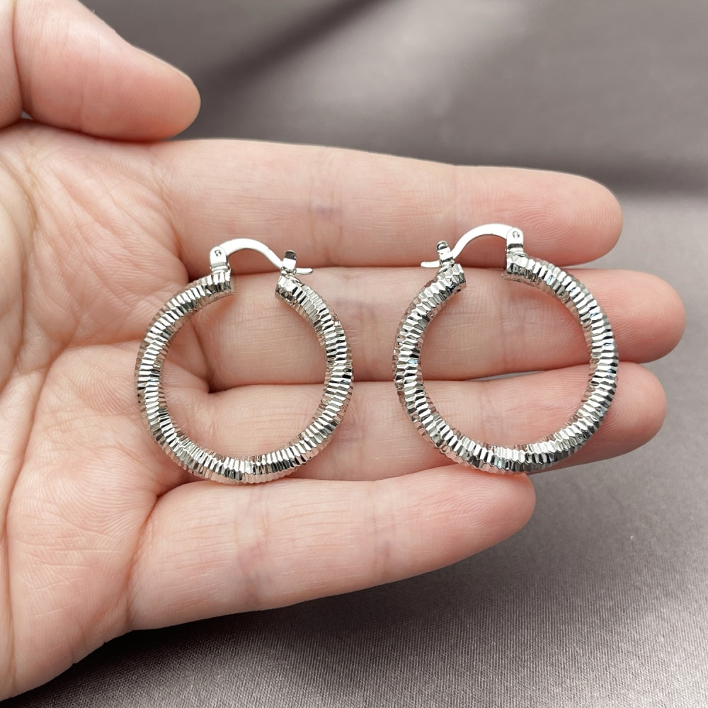 Rhodium Gold Filled Medium Hoop, Diamond Cutting Finish, Rhodium Finish