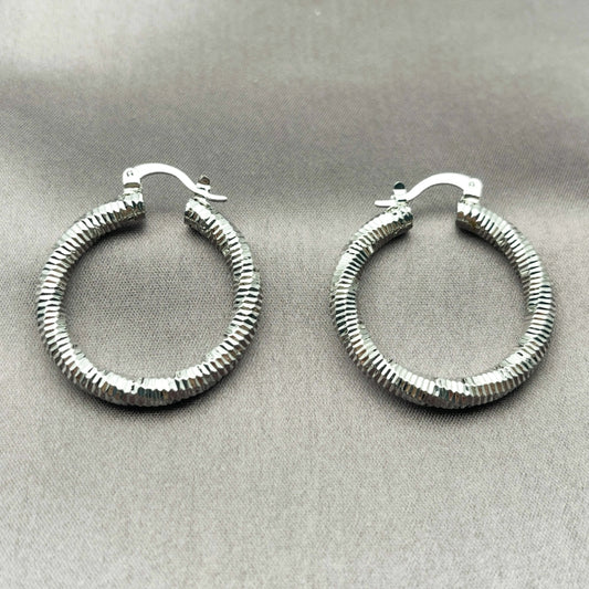 Rhodium Gold Filled Medium Hoop, Diamond Cutting Finish, Rhodium Finish