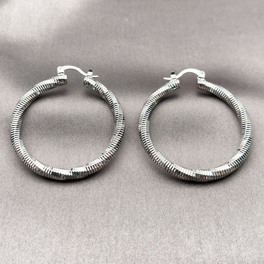 Rhodium Gold Filled Medium Hoop, Diamond Cutting Finish, Rhodium Finish