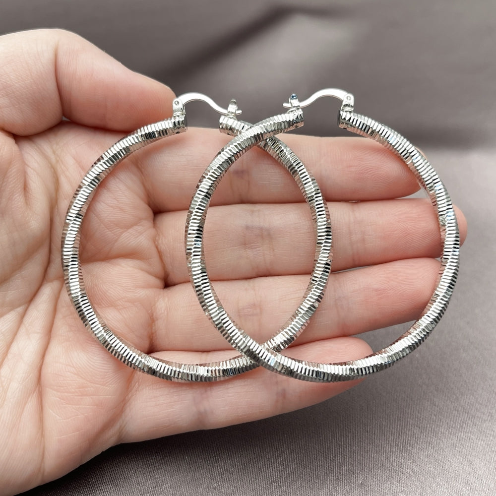 Rhodium Gold Filled Large Hoop, Diamond Cutting Finish, Rhodium Finish