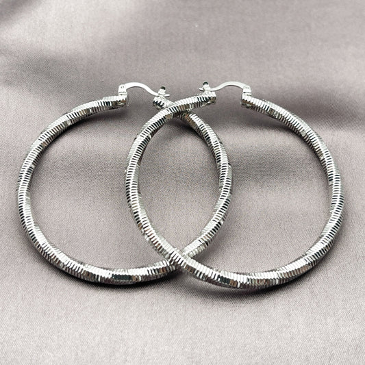 Rhodium Gold Filled Large Hoop, Diamond Cutting Finish, Rhodium Finish