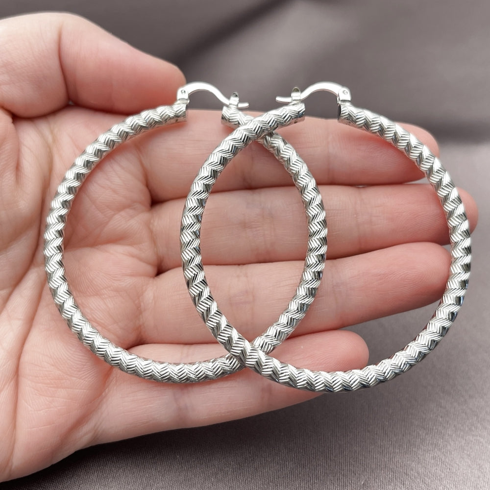 Rhodium Gold Filled Large Hoop, Diamond Cutting Finish, Rhodium Finish