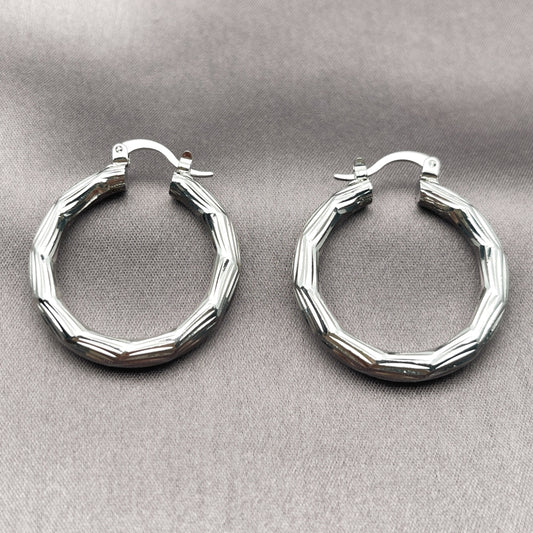 Rhodium Gold Filled Medium Hoop, Diamond Cutting Finish, Rhodium Finish