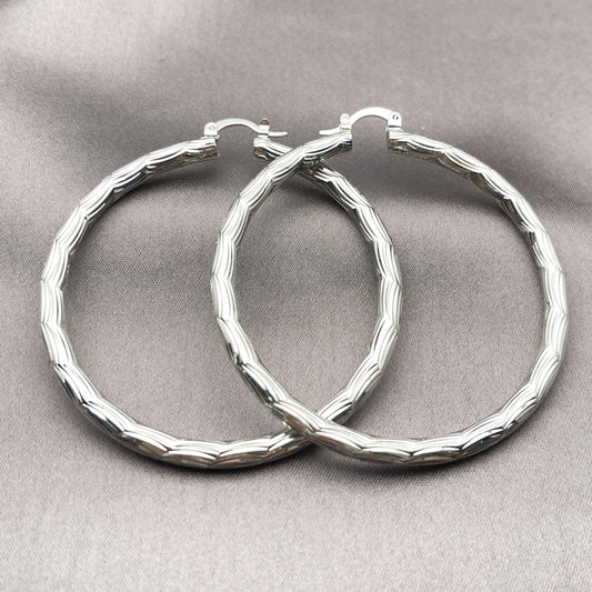 Rhodium Gold Filled Large Hoop, Diamond Cutting Finish, Rhodium Finish