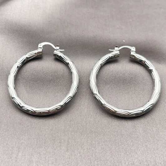 Rhodium Gold Filled Medium Hoop, Diamond Cutting Finish, Rhodium Finish