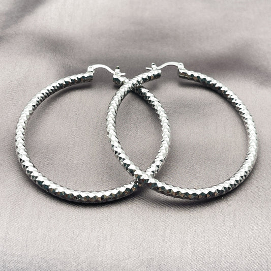 Rhodium Gold Filled Large Hoop, Diamond Cutting Finish, Rhodium Finish