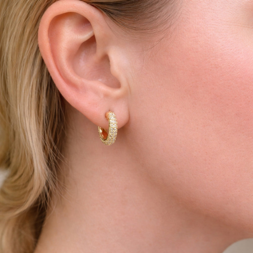 Oro Laminado Huggie Hoop, Gold Filled Style with White Cubic Zirconia, Polished, Golden Finish
