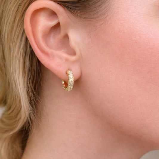 Oro Laminado Huggie Hoop, Gold Filled Style with White Cubic Zirconia, Polished, Golden Finish