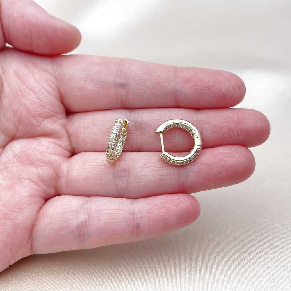 Oro Laminado Huggie Hoop, Gold Filled Style with White Cubic Zirconia, Polished, Golden Finish