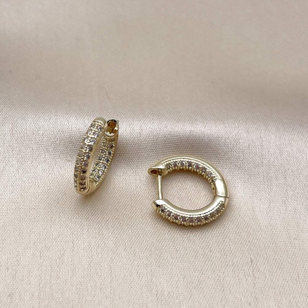 Oro Laminado Huggie Hoop, Gold Filled Style with White Cubic Zirconia, Polished, Golden Finish