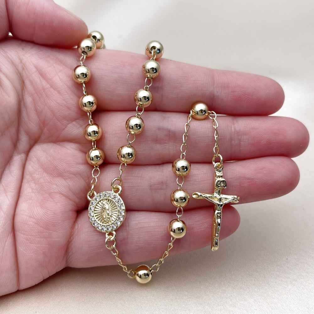Oro Laminado Medium Rosary, Gold Filled Style Guadalupe and Crucifix Design, with White Cubic Zirconia, Polished, Golden Finish